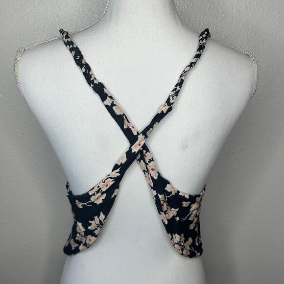 Boho Floral Braided Twist Back Tank Top XS Black Peach Cream Linen Summer Look - Picture 3 of 15